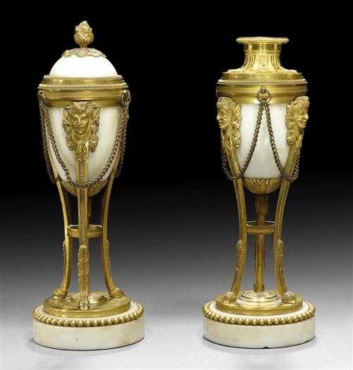 Appraisal: PAIR OF SMALL WHITE MARBLE AND GILT BRONZE CASSOLETTES Louis