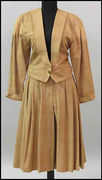 Appraisal: ITALIAN TAN SILK AND SUEDE ENSEMBLE Comprising a pair of