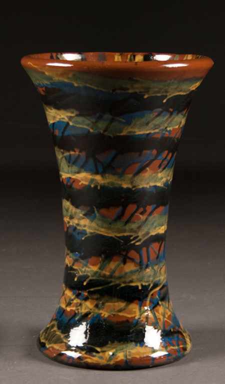 Appraisal: American slip glaze redware vase large beaker-form vessel with multicolor