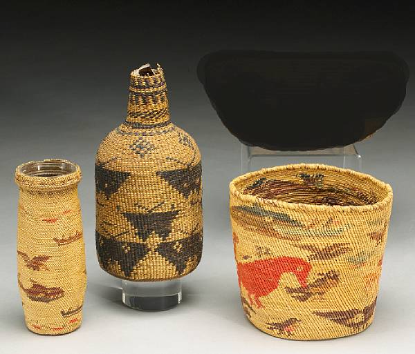 Appraisal: Three Western basketry items Including two covered bottles one Northeast