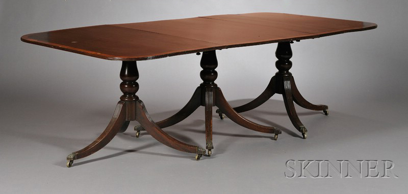 Appraisal: Regency-style Crossbanded Mahogany Three-Pedestal Dining Table early th century rectangular