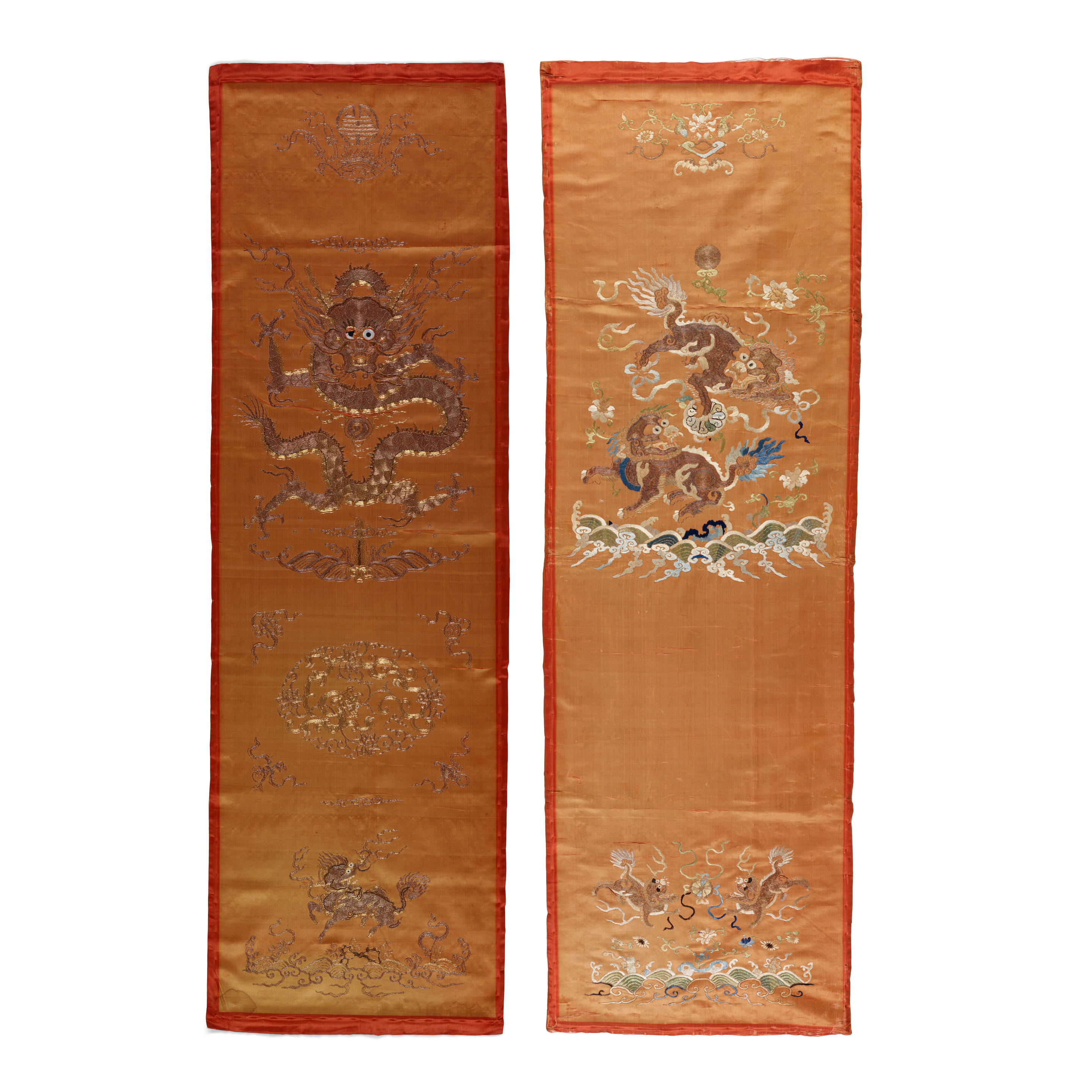 Appraisal: TWO ORANGE-GROUND EMBROIDERED SILK PANELS Late Qing dynasty Late Qing