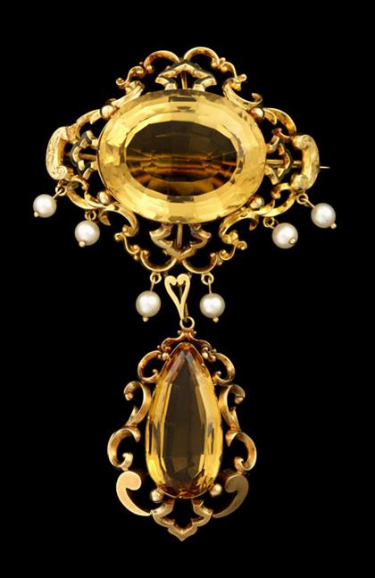 Appraisal: Large citrine and gold fill brooch with petite pearls Brooch