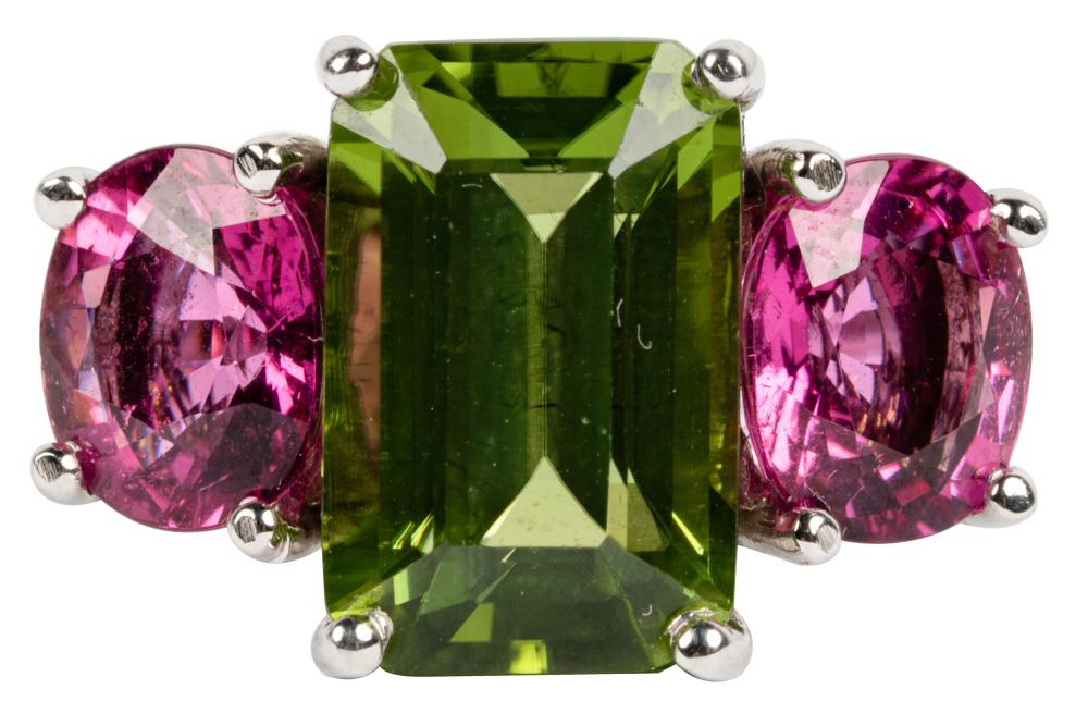 Appraisal: KARAT WHITE GOLD PERIDOT PINK TOURMALINE RINGcentering one cut corner