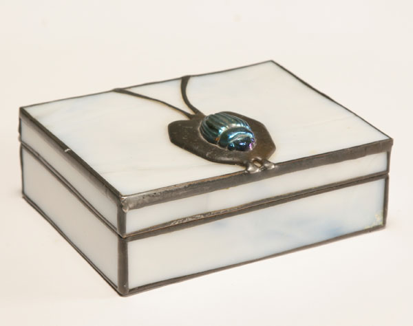 Appraisal: Orient Flume art glass box with iridescent scarab Signed H