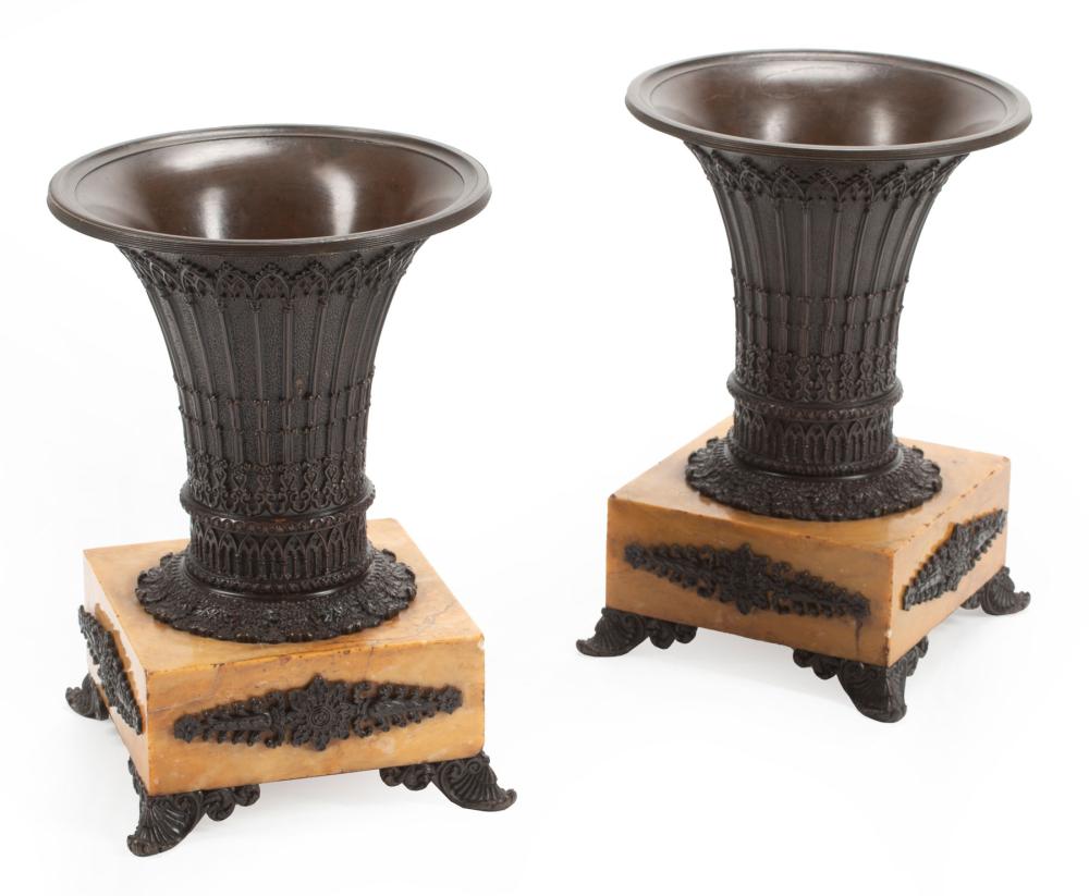 Appraisal: Pair of Charles X Marble and Patinated Bronze Urns h