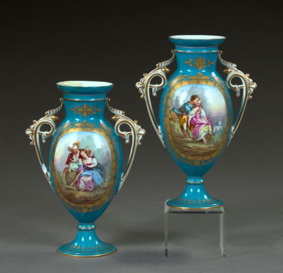 Appraisal: Pair of Paris Bleu Celeste Porcelain Two-Handled Garniture Vases fourth