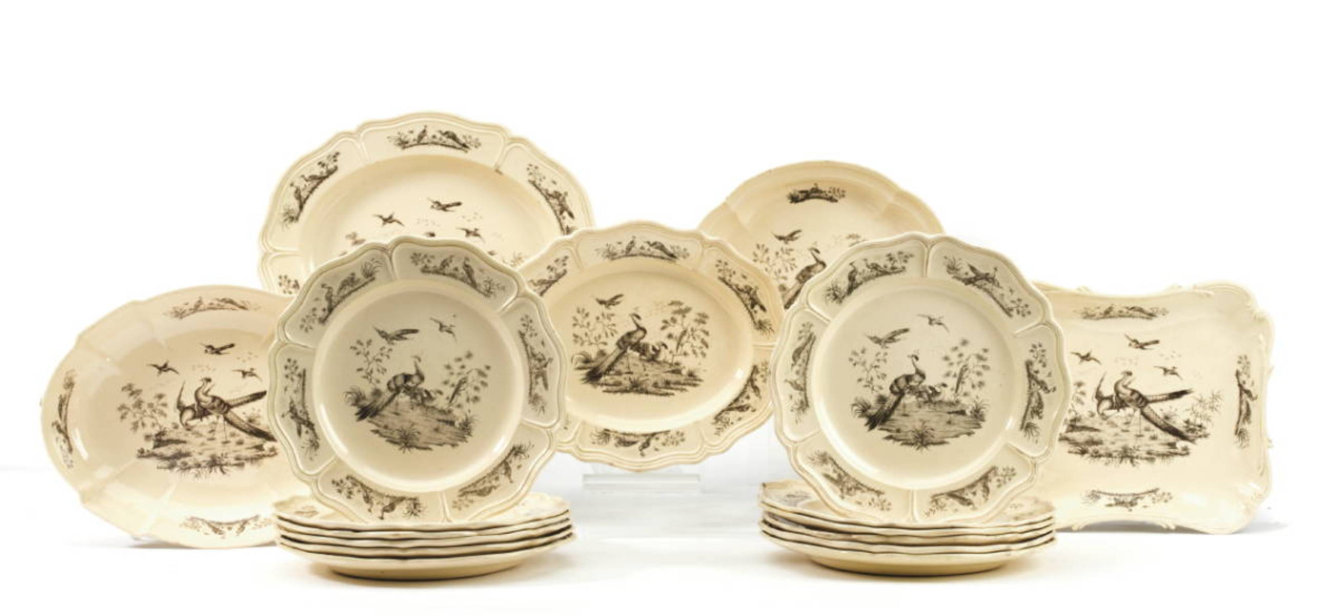 Appraisal: GROUP OF ENGLISH CREAMWARE BLACK TRANSFER-PRINTED quot EXOTIC BIRDS quot