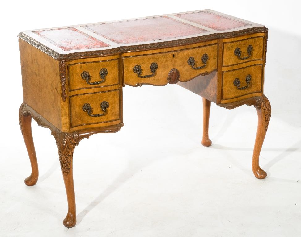 Appraisal: GEORGE II STYLE WALNUT-VENEERED LEATHER-INSET WRITING TABLE EARLY th CENTURY