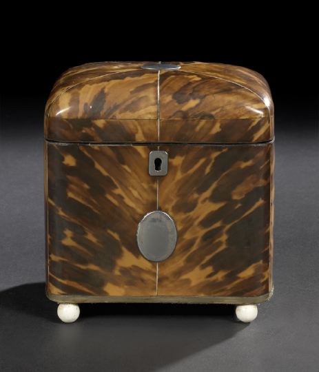 Appraisal: English Wire-Inlaid and Silver-Mounted Tortoiseshell Double-Compartment Tea Caddy first quarter