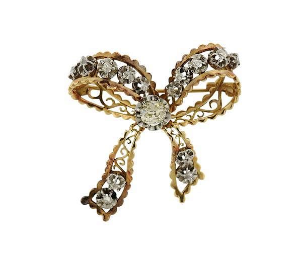 Appraisal: Antique K Gold Platinum Diamond Bow Brooch Pin METAL K