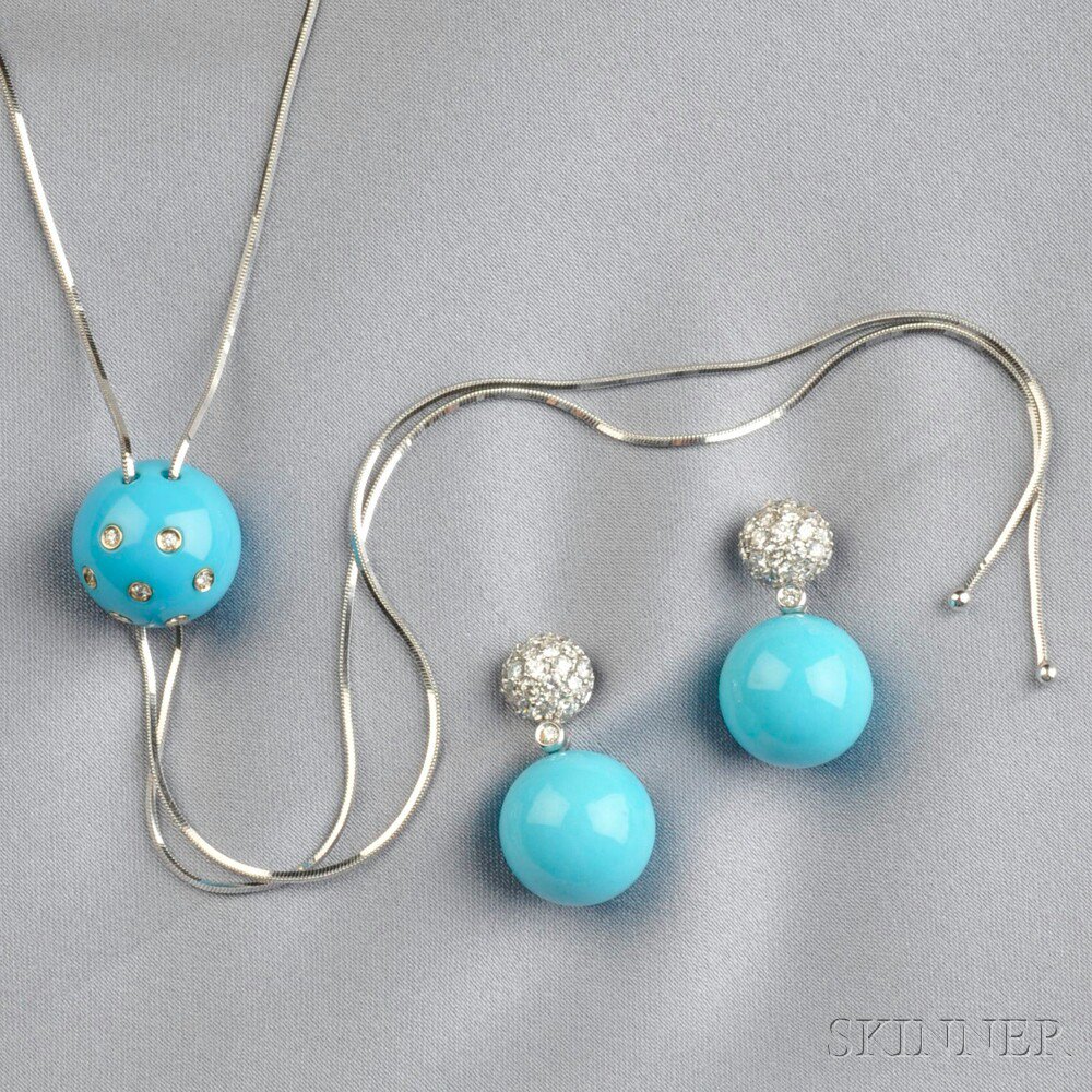 Appraisal: kt White Gold Turquoise and Diamond Suite comprising a pair