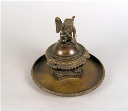 Appraisal: French bronze figural inkstand th century The cover modeled with