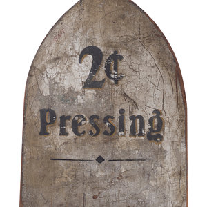 Appraisal: A Painted Wood and Metal Two Cent Pressing Iron-Form Sign