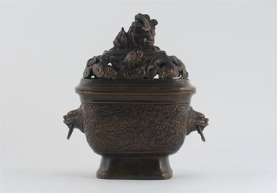 Appraisal: A Chinese rectangular bronze incense burner and cover the knop