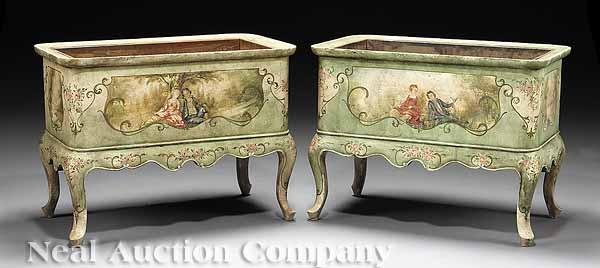 Appraisal: A Pair of Venetian-Style Paint-Decorated Planters figural painted vignettes scalloped