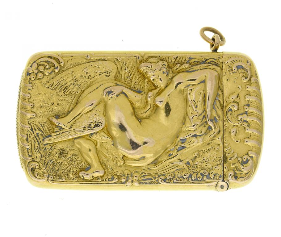 Appraisal: A GOLD VESTA CASE PROBABLY NORTH AMERICAN embossed with Leda