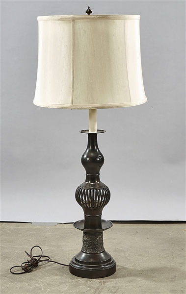 Appraisal: Vintage bronze table lamp with reticulated bulbuous-form design to central