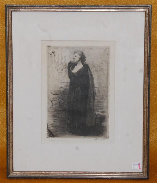 Appraisal: A B Etching Stanfing Woman in Formal Attire Illegibly signed