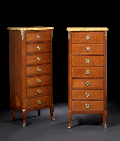 Appraisal: Pair of Louis XV-Style Mahogany and Marble-Top Semaniers late th