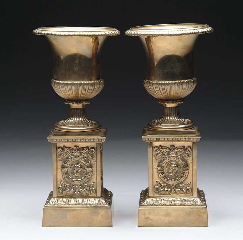 Appraisal: OUTSTANDING PAIR OF FRENCH FIRE GILT BRONZE URNS Campana form