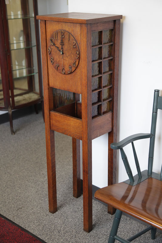 Appraisal: OAK GRANDMOTHER CLOCK Mission style with slag glass side panels