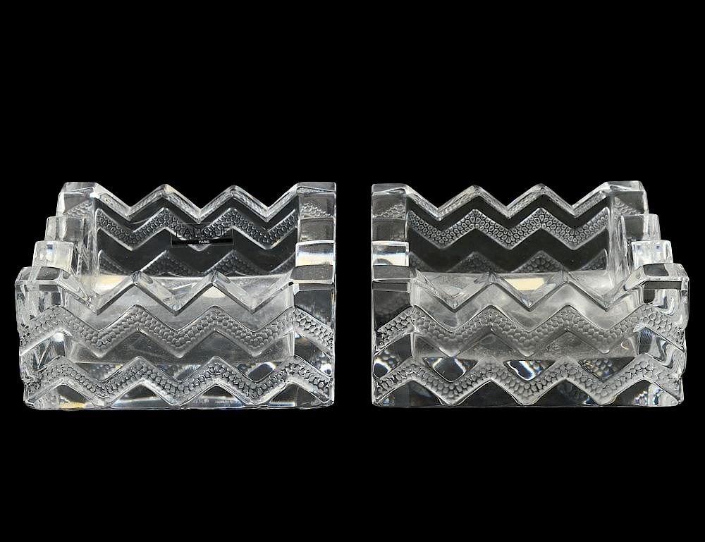 Appraisal: PAIR OF LALIQUE SOUDAN CRYSTAL ASHTRAYS French Signed Catalog No