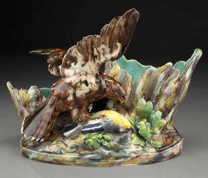 Appraisal: Thomas Sergent majolica jardinieremodeled as a hawk with its prey