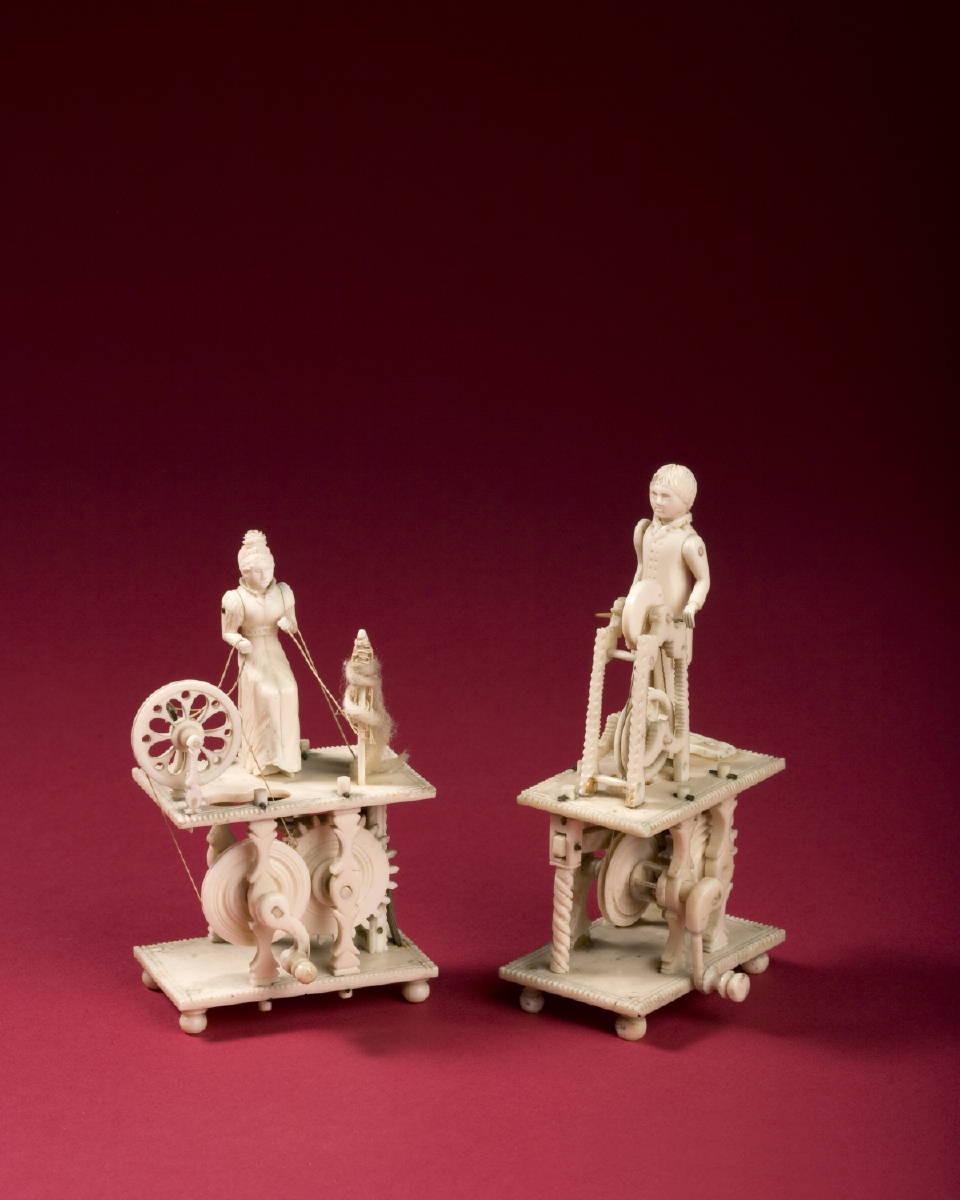 Appraisal: TWO PRISONER-OF-WAR CARVED BONE SPINNING JENNYS The first depicting a