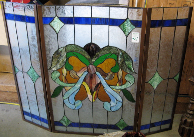 Appraisal: THREE-PANEL LEADED GLASS FIREPLACE SCREEN with one large and two