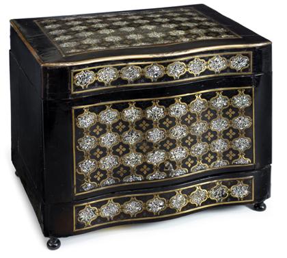 Appraisal: French ebonised brass banded and mo Ther of pearl inlaid