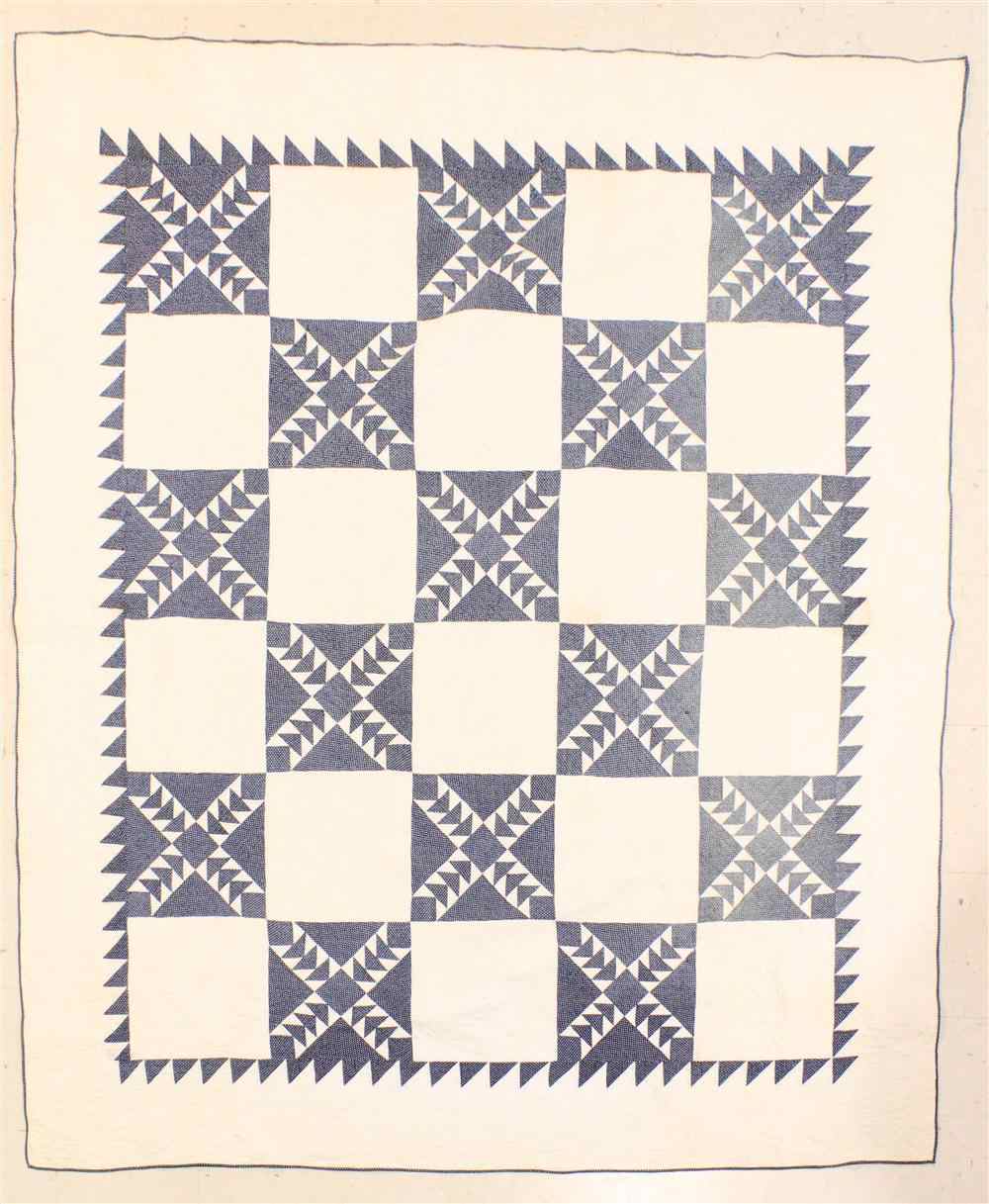 Appraisal: FLYING GEESE VARIATION BLUE AND WHITE TWIN QUILT completely hand