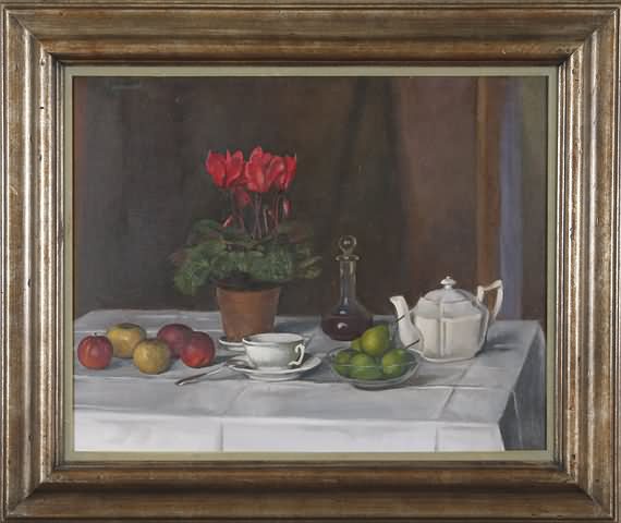 Appraisal: Still life with fruit flowers and tea pot and cup