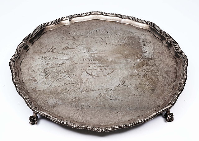 Appraisal: A silver salver of circular formwith raised pie-crust gadroon border