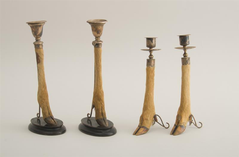 Appraisal: TWO PAIRS OF DEER HOOF CANDLESTICKS WITH ENGLISH SILVER NOZZLES