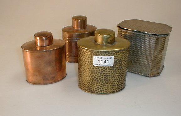 Appraisal: A planished brass oval tea caddy stamped JS S to