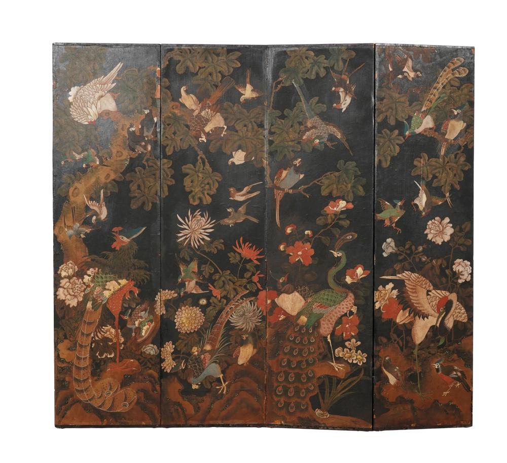 Appraisal: CHINESE PAINTED PAPER-COVERED FOUR-PANEL SCREENthe paper sheets mounted to black-painted