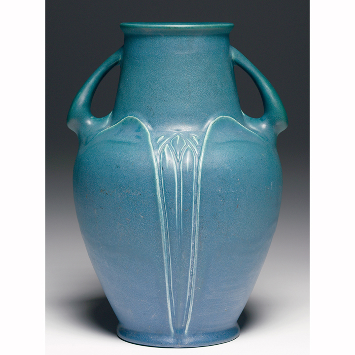 Appraisal: Good Rookwood vase monumental double handled form in a blue-green