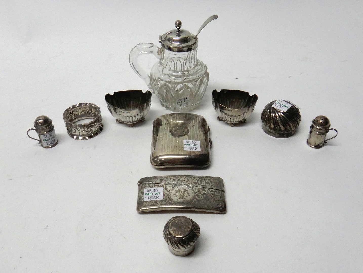 Appraisal: Silver and silver mounted wares comprising a faceted glass mustard