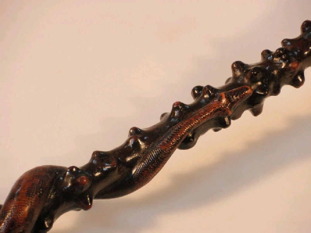 Appraisal: A rustic carved walking stick with serpentine shaft and handle