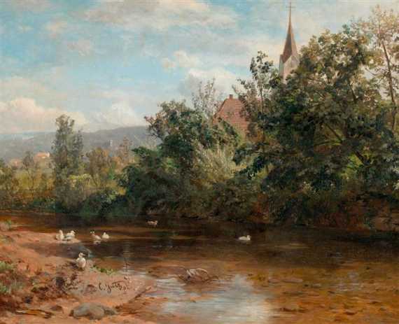 Appraisal: JUTZ CARL Windschl g - Pfaffendorf River landscape with ducks