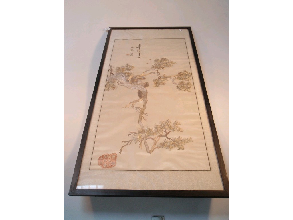 Appraisal: An oriental silk needlework panel depicting a monkey climbing a