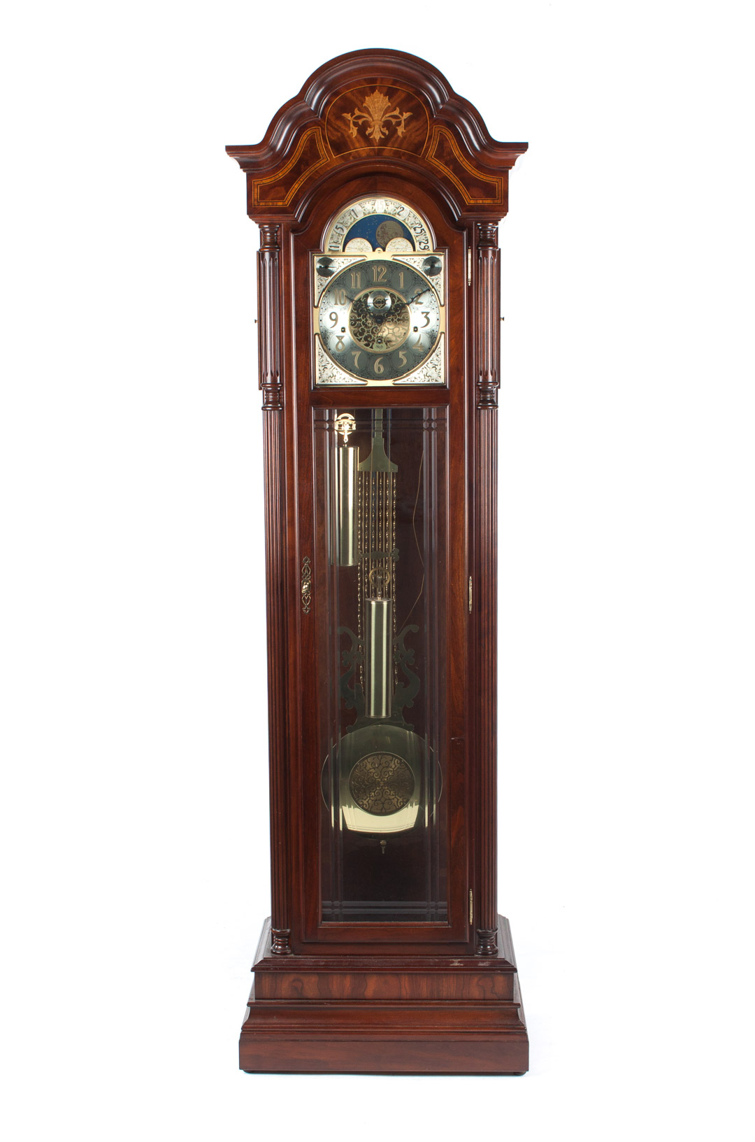 Appraisal: Sligh inlaid cherrywood tall-case clock shaped bonnet with foliate banded