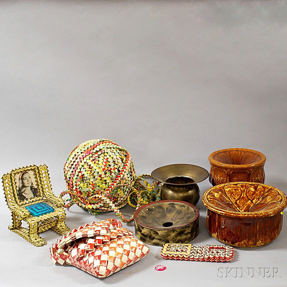 Appraisal: Four Spittoons and Four Wrapper Art Items th and th