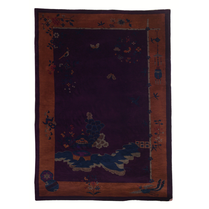 Appraisal: Art Deco Chinese rug c purple background with floral pattern