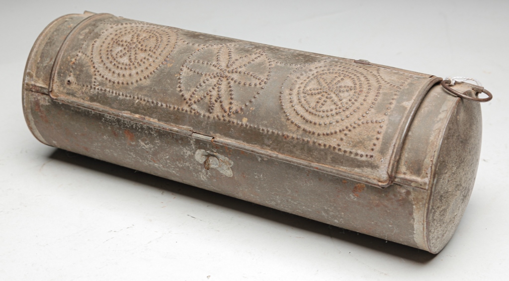 Appraisal: AMERICAN PUNCHED TIN CANDLE BOX Nineteenth century Cylindrical wall box