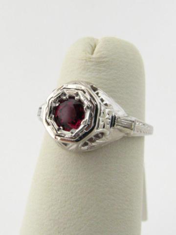 Appraisal: Estate antique white gold ruby solitaire ring in engraved filigree