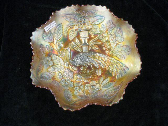 Appraisal: Carnival Glass Bowl Peacock at the Fountain marigold excellent