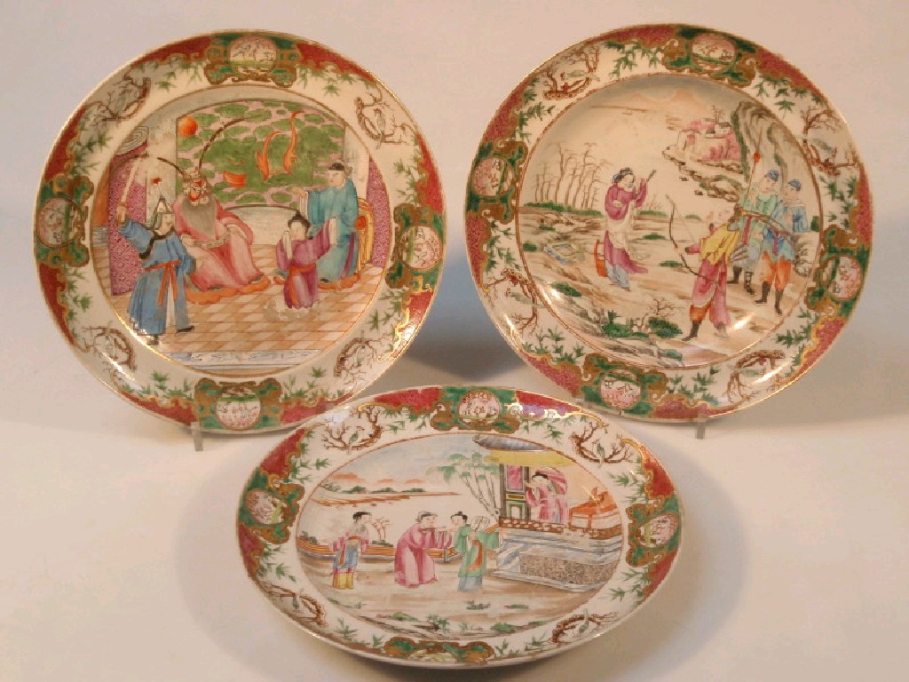 Appraisal: Three thC Chinese famille rose plates each decorated with central