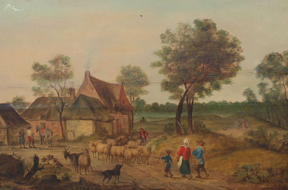 Appraisal: RURAL VILLAGE SCENE WITH SHEEP ATTRIBUTED TO MICHAU Oil Wood